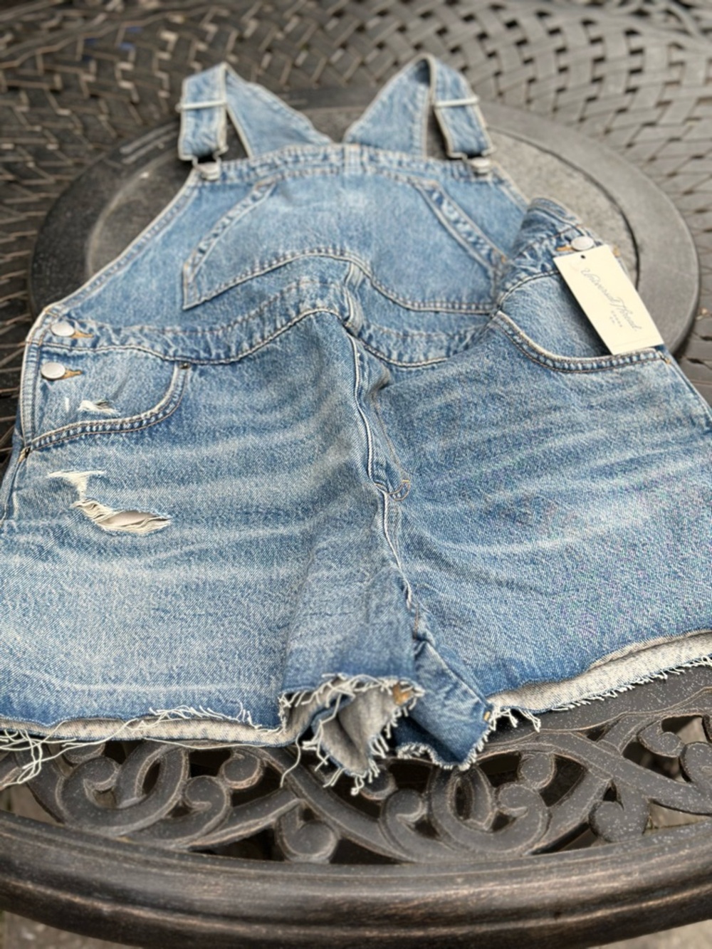 Universal Thread Blue Denim Distressed Overall Shorts Front Back Pockets - Picture 2 of 11